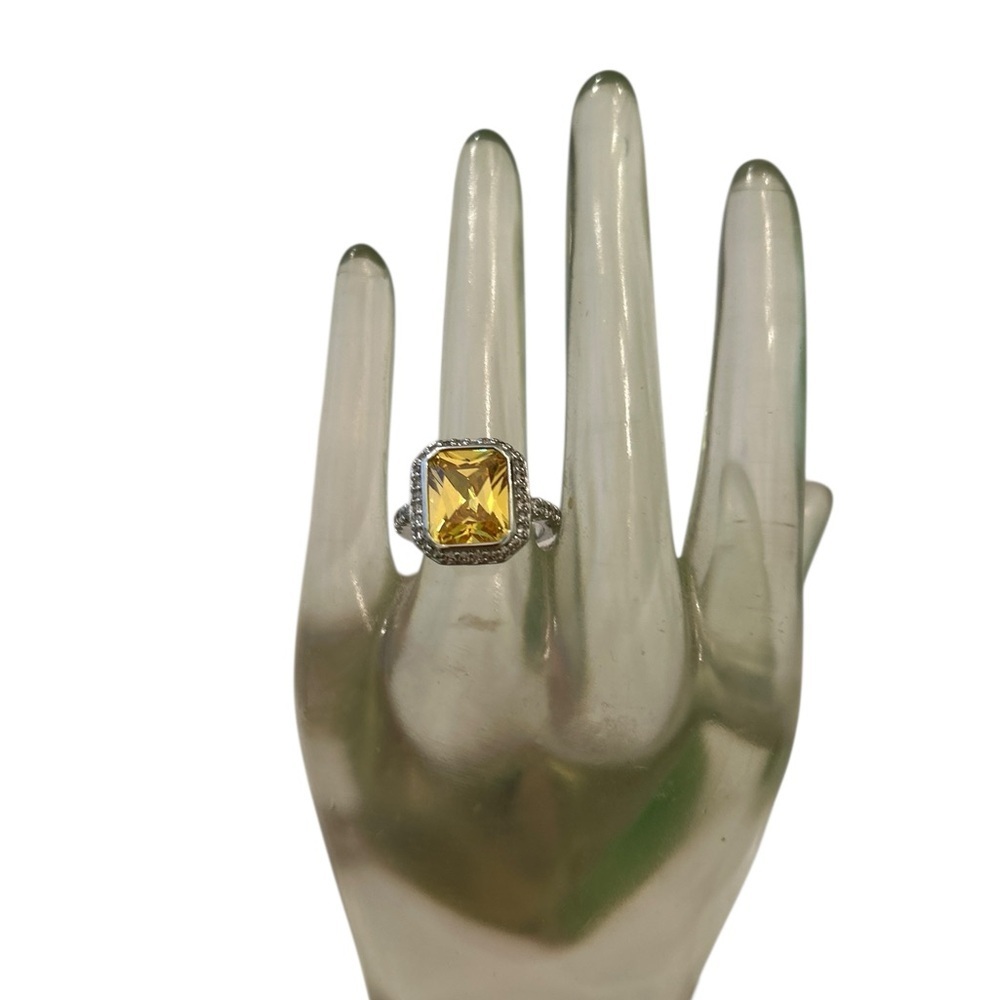 Artisan made Yellow CZ Gemstone emerald cut faceted surround Silver tone Ring